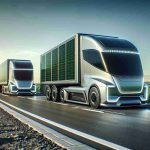 Realistic high-definition image portraying the future of freight transport. It features newly released extended range electric trucks, integral to the green revolution of the shipping industry. The trucks are sleek and modern, with design aspects associated with advanced technology like photovoltaic panels, streamlined shapes and LED lights. They're standing on an open road, embodying the concept of endless green possibilities. Please include details like tire tracks, the road stretching to the horizon, and perhaps a subtly sunlit sky, signifying a new dawn for eco-friendly transportation.