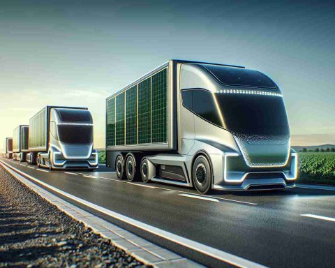 Realistic high-definition image portraying the future of freight transport. It features newly released extended range electric trucks, integral to the green revolution of the shipping industry. The trucks are sleek and modern, with design aspects associated with advanced technology like photovoltaic panels, streamlined shapes and LED lights. They're standing on an open road, embodying the concept of endless green possibilities. Please include details like tire tracks, the road stretching to the horizon, and perhaps a subtly sunlit sky, signifying a new dawn for eco-friendly transportation.