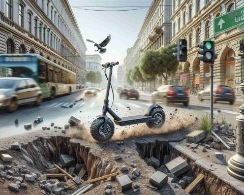 Generate a realistic, high-definition image of off-road electric scooters navigating a variety of difficult scenarios in urban environments. These challenges could include things such as potholed streets, uneven pavement, steep climbs on hilly city streets, or darting through congested traffic. Details like the scooter’s design, its rugged features, wheels designed for rough terrains should be visible. The urban setting should be populated with distinctive city features such as buildings, street signs, and pedestrians.