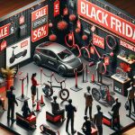 Create a detailed image depicting the exploration of electric mobility technologies. The setting should highlight an exciting sales event, characterized by black and red sale banners, discount tags, and promotional posters. The promotional event is specifically for Black Friday, so the atmosphere should be festive and lively. The products showcased should be various electric mobility options like electric cars, electric bicycles, electric kick scooters, and electric wheelchairs. Include diverse customers engaged in examining these products, representing multiple descents such as Caucasian, Hispanic, Middle-Eastern and South Asian, and genders both male and female.