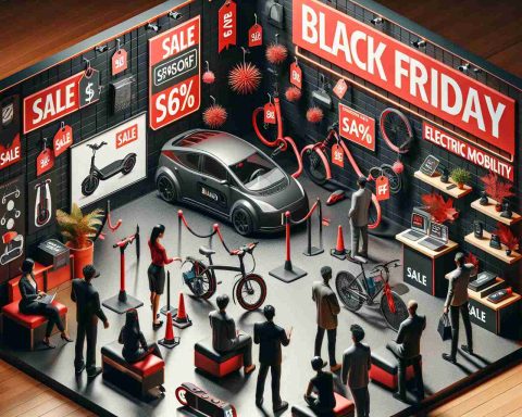 Create a detailed image depicting the exploration of electric mobility technologies. The setting should highlight an exciting sales event, characterized by black and red sale banners, discount tags, and promotional posters. The promotional event is specifically for Black Friday, so the atmosphere should be festive and lively. The products showcased should be various electric mobility options like electric cars, electric bicycles, electric kick scooters, and electric wheelchairs. Include diverse customers engaged in examining these products, representing multiple descents such as Caucasian, Hispanic, Middle-Eastern and South Asian, and genders both male and female.