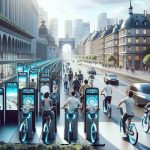 High-resolution image realistically depicting the future concept of bike sharing in Europe. The scene encompasses a bustling urban landscape, with modern bike sharing stations filled with streamlined bicycles. Cyclists of different genders and descents, including Caucasian, Asian, Black and Hispanic, are seen utilizing the service. Smart interfaces on bikes display digital maps, eco-friendly messaging is evident and there's an influence of advanced technology in all aspects of the urban infrastructure. Architecture reflects European aesthetics, intermingled with elements of innovative, sustainable design.