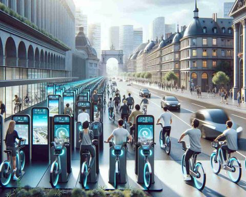 High-resolution image realistically depicting the future concept of bike sharing in Europe. The scene encompasses a bustling urban landscape, with modern bike sharing stations filled with streamlined bicycles. Cyclists of different genders and descents, including Caucasian, Asian, Black and Hispanic, are seen utilizing the service. Smart interfaces on bikes display digital maps, eco-friendly messaging is evident and there's an influence of advanced technology in all aspects of the urban infrastructure. Architecture reflects European aesthetics, intermingled with elements of innovative, sustainable design.