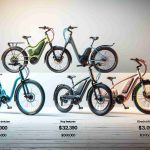 Generate a high quality, realistic image featuring a comparative display of top three affordable electric bikes. The bikes should be creatively presented side by side, each with distinct colors and designs. Annotations should display key features and price points for each bike, allowing viewers to instantly understand the advantages and differences of each model. The atmosphere should be neutral and inviting, perhaps with a simple backdrop that emphasizes the bikes themselves and does not distract from them.