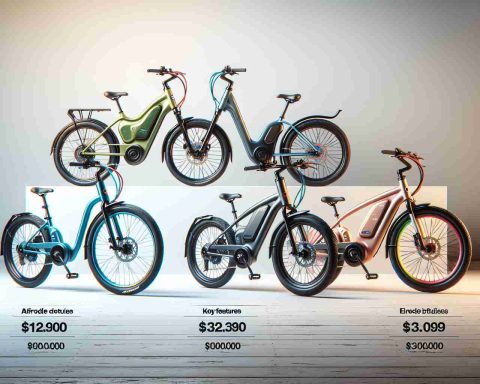 Generate a high quality, realistic image featuring a comparative display of top three affordable electric bikes. The bikes should be creatively presented side by side, each with distinct colors and designs. Annotations should display key features and price points for each bike, allowing viewers to instantly understand the advantages and differences of each model. The atmosphere should be neutral and inviting, perhaps with a simple backdrop that emphasizes the bikes themselves and does not distract from them.