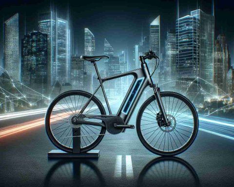 Create a highly detailed and realistic image of a new innovative solution to urban transportation called the Skyline eBike. This electric bicycle should feature sleek design elements that illustrate its modernity and technological advancements. These may include LED lights, a digital display on the handlebar, and an aerodynamic frame that implies high-speed transit. Picture the bike stored in a bustling cityscape, mirroring its relevance to urban environments