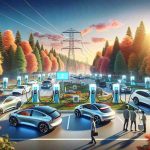 A high-definition image illustrating the future of electric vehicles in the state of Maine. The scene showcases a variety of electric cars and charging stations scattered throughout a picturesque landscape with trees displaying radiant fall colors. Infrastructure such as power lines and modern buildings signify the progress of technology. A clear blue sky overlays the scene, signifying clean energy. People of varied descent and gender are present, enjoying the amenities or possibly inspecting the vehicles.