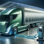 A realistic, high-definition image of the future of commercial vehicles, transformed by eco-friendly innovations. Visualize a large commercial truck, enveloped in sleek, metallic green paint that signifies its environmentally considerate nature. It's equipped with advanced solar panels stretching across its roof and sides, a clear indication of its renewable energy source. The truck's design hints at aerodynamic efficiency, minimising air resistance and maximising fuel economy. Completing the look, show charging stations in the backdrop, connected to the vehicles through bright blue energy cords, representing a future fuelled by clean energy.