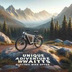 Create a high-definition, realistic image showcasing the concept of 'Unique Adventure Awaits: Electric Bike Offer'. The scene should portray an electric bike standing in a breathtaking natural setting that signifies the beginning of an adventurous journey. Use elements such as dense forests, grand mountainous terrain, or a lively cityscape in the backdrop to emphasize the sense of adventure. Imprint the words 'Unique Adventure Awaits: Electric Bike Offer' in a clear and distinct font against the sky, above the electric bike.