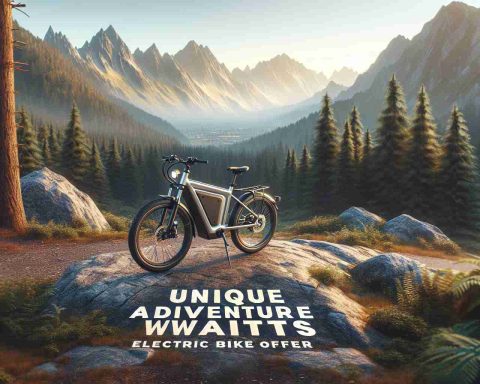 Create a high-definition, realistic image showcasing the concept of 'Unique Adventure Awaits: Electric Bike Offer'. The scene should portray an electric bike standing in a breathtaking natural setting that signifies the beginning of an adventurous journey. Use elements such as dense forests, grand mountainous terrain, or a lively cityscape in the backdrop to emphasize the sense of adventure. Imprint the words 'Unique Adventure Awaits: Electric Bike Offer' in a clear and distinct font against the sky, above the electric bike.