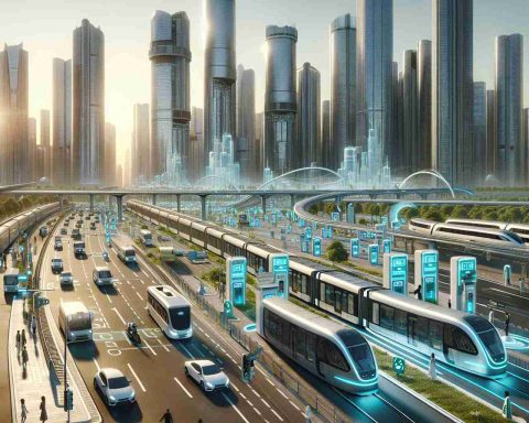 High-definition image of a futuristic cityscape, captured with photorealism. The scene displays an elaborate network of electric transportation, showcasing a spectrum of cutting-edge and eco-friendly vehicles. High-speed trains, modern trams, and vehicles powered purely by electricity navigate a sprawling urban environment replete with charging stations. Amidst their swift, silent movement, the scene is imbued with opportunities and innovation, signifying a leap towards sustainable-living. Tall skyscrapers brush the skyline, covered in solar panels, symbolizing the harnessing of renewable energy. Pedestrians of various descents and genders stroll the city, mirroring a diverse and inclusive society in this future of electric transportation.