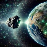 Generate a highly detailed, realistic image of Apophis Asteroid, envisioned as a celestial mystery moving closer towards the Earth. Depict the asteroid in a vast and infinite space filled with sparkling stars, while the Earth is being seen from outer space as an intricate and beautifully painted blue and green sphere.