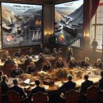 A highly detailed and high-resolution photograph portrays the government stepping in to handle financial instability triggered by the closure of a large mine. The scene depicts politicians and economists gathered in an ornate meeting room, engrossed in discussion. There are charts and data visualizations on a large screen, highlighting the economic implications and suggested solutions. Outside the window of the room, a deserted mine is visible, signifying the issue at hand.