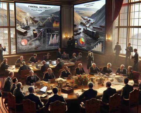 A highly detailed and high-resolution photograph portrays the government stepping in to handle financial instability triggered by the closure of a large mine. The scene depicts politicians and economists gathered in an ornate meeting room, engrossed in discussion. There are charts and data visualizations on a large screen, highlighting the economic implications and suggested solutions. Outside the window of the room, a deserted mine is visible, signifying the issue at hand.