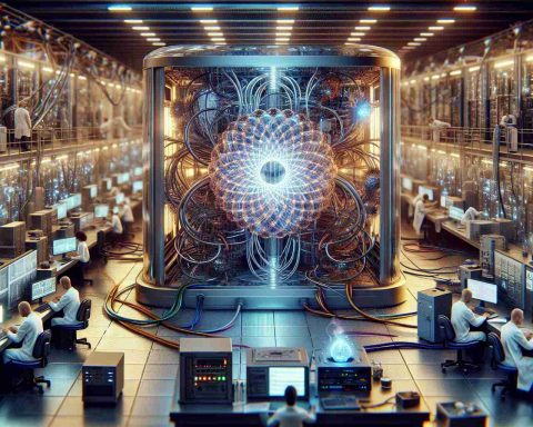 A hyper-realistic, high-definition image showcasing a groundbreaking discovery in the field of quantum computing technology. The scene should depict a modern laboratory setting, littered with advanced machinery and cutting-edge equipment. Central to the composition, the quantum computer should be visible - intricate and glowing, illustrating the complex nature of this next-generation advancement. The environment around the compute is vibrant and electrified, hinting at the breakthrough that has been achieved. Supplement the scene with researchers wired into the system, busy in their work, demonstrating a multitude of genders and descents - Caucasian, Asian, Black, Hispanic.