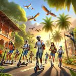 Detailed and realistic HD image depicting an adventurous exploration scenario in Costa Rica. People of diverse descents - Black, Caucasian, Hispanic, Middle-Eastern, South Asian and White - are seen engaged in riding e-scooters. Capture the warm tropical setting with lush greenery, palm trees and exotic fauna. The Central American architectural influence is visible in the background. Riders are seen wearing safety helmets, casual clothing and backpacks, suggesting they are tourists. Dynamic points of view, vibrant colors, and exciting scootering actions are significant elements to include. Remember to portray a joyful and adventurous atmosphere.