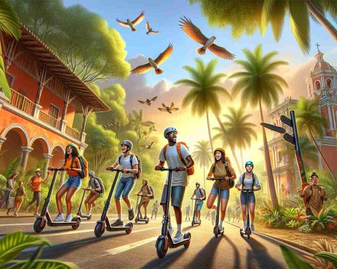 Detailed and realistic HD image depicting an adventurous exploration scenario in Costa Rica. People of diverse descents - Black, Caucasian, Hispanic, Middle-Eastern, South Asian and White - are seen engaged in riding e-scooters. Capture the warm tropical setting with lush greenery, palm trees and exotic fauna. The Central American architectural influence is visible in the background. Riders are seen wearing safety helmets, casual clothing and backpacks, suggesting they are tourists. Dynamic points of view, vibrant colors, and exciting scootering actions are significant elements to include. Remember to portray a joyful and adventurous atmosphere.