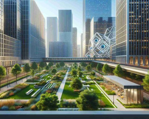 Create a high-definition, realistic image of a contemporary Quantum Computing Park located in a busy city like Chicago. This park creates a harmonious balance with nature. Imagine a series of open-plan buildings with quantum computers, showing cutting-edge technology, and green spaces well integrated amongst them. Think of diverse plants, grassy spaces, trees, and benches, cultivating a sense of calm and peace despite surrounded by skyscrapers from the bustling city itself.