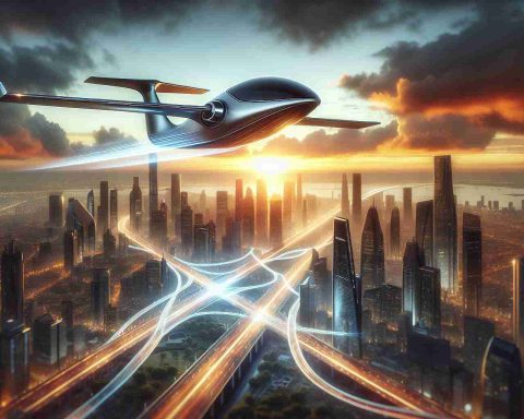 A high-definition, realistic image showcasing the resurgence of futuristic aspirations through innovative air transport. The scene unfolds in a modern metropolis teeming with advanced technology. Focus on a sleek, state-of-the-art air vehicle, imbued with a sense of futurism, as it soars gracefully through the sky, demonstrating ingenuity in design and a remarkable leap in transportation technology. The backdrop illuminates with a stunning sunset, casting a warm, golden glow on the cityscape and the revolutionary aerial transport, stirring a sense of awe and dreams of a technologically advanced future.