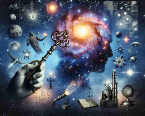 A high-definition, realistic image illustrating the concept of unlocking the mysteries of the cosmos. Depict a diverse array of elements related to space exploration and astrophysics. Include details such as a hand holding an antique key, the key symbolising the unlocking, with the head formed into a shape of an astronomical symbol. In the background, exhibit a mesmerizing galaxy, full of radiant stars, nebulas, and quasars, portraying the vast cosmos. Also include elements such as well-crafted telescopes, advanced technologies, and ancient star maps to represent different eras of space exploration.