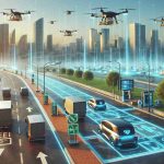 Create a realistic high-defintion image depicting the future of electric vehicles in the context of evolving governmental regulations. The scene could depict a cityscape of the near future with charging stations replacing traditional petrol stations, electric vehicles following a network of digital lines embedded in the roads, and electronic signs indicating traffic rules and regulations. Package delivered drones flying in the sky.