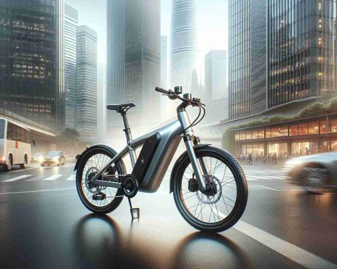 A high-definition, realistic image featuring a new electric bike from an innovative company that is revolutionizing urban commuting. The bike is designed with sleek lines, integrated headlights and taillights for safety, and a compact motor for powerful acceleration. It's parked against the backdrop of an urban city environment, with skyscrapers, city traffic, and pedestrians around.