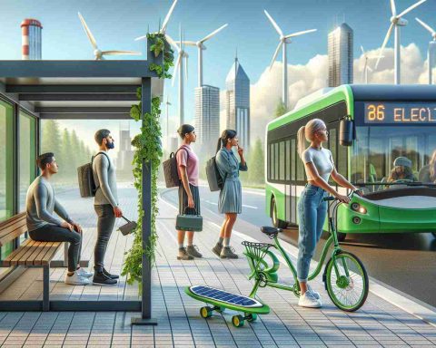 A high-resolution, realistic image capturing various methods of eco-friendly commuting. The image should include a bicycle made from sustainable materials, a person waiting at an electric bus stop, and another person riding a solar-powered skateboard, all set against the backdrop of a green cityscape with solar panels and wind turbines in the distance. Each person should be distinct - a Caucasian woman on the bicycle, a Middle-Eastern man waiting for the bus, and a South Asian woman on the skateboard.