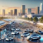 A detailed image displaying innovation in the electric vehicle industry taking place in Riverside. Visualize an expansive venue with numerous booths showcasing cutting-edge electric vehicle technologies. Include the bustling crowd, consisting of a mix of Hispanic and Middle Eastern scientists, engineers, professionals, investors, and enthusiasts. Capture an array of sleek and futuristic electric cars, charging stations, batteries and other related technologies. To embody the location, include the scenic backdrop of Riverside with its distinct architectural characteristics and natural landscape. Please render the image in a hyper-realistic, high-definition style.