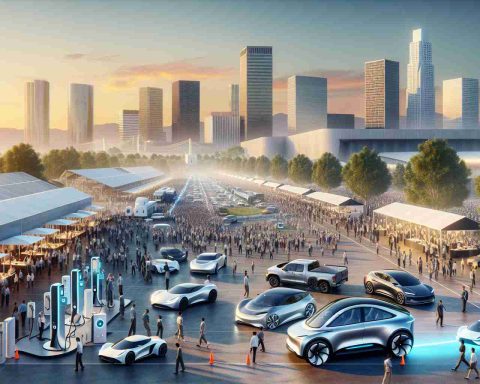 A detailed image displaying innovation in the electric vehicle industry taking place in Riverside. Visualize an expansive venue with numerous booths showcasing cutting-edge electric vehicle technologies. Include the bustling crowd, consisting of a mix of Hispanic and Middle Eastern scientists, engineers, professionals, investors, and enthusiasts. Capture an array of sleek and futuristic electric cars, charging stations, batteries and other related technologies. To embody the location, include the scenic backdrop of Riverside with its distinct architectural characteristics and natural landscape. Please render the image in a hyper-realistic, high-definition style.