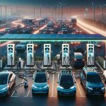 Picture a futuristic scene showing the revolution in electric vehicle charging technology. This could include multiport charging stations, capable of servicing multiple cars at once, with ultra-fast charging rates. Vehicles of various kinds - compact cars, pickups, and larger SUVs - are docked and recharging, with battery status indicators glowing brightly in the dusk. The station is equipped with green technology, such as solar panels and wind turbines, that harness renewable energy to power it. The place is buzzing with consumers of various backgrounds - Asian, Hispanic, and White, both men and women - impressed by the efficiency of the technology. This is a high-definition, realistic representation of the scene.