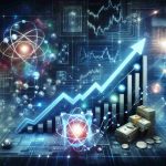 A high-definition image portraying the metaphorical growth of Quantum Tech Stocks. Visualize an ascending line graph against a background of technology-inspired motifs, with quantum elements like atoms, circuits, and quantum waves. These elements should symbolize the high-tech nature of Quantum stocks. The line graph should show the stocks rapidly moving upwards, indicating new heights. Also, incorporate an element that represents real-world finances: paper currencies, gold bars, or even a world map to illustrate the global impact. Remember, the image should look realistic and professional.