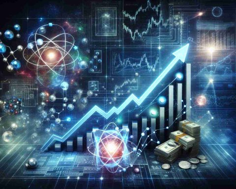 A high-definition image portraying the metaphorical growth of Quantum Tech Stocks. Visualize an ascending line graph against a background of technology-inspired motifs, with quantum elements like atoms, circuits, and quantum waves. These elements should symbolize the high-tech nature of Quantum stocks. The line graph should show the stocks rapidly moving upwards, indicating new heights. Also, incorporate an element that represents real-world finances: paper currencies, gold bars, or even a world map to illustrate the global impact. Remember, the image should look realistic and professional.