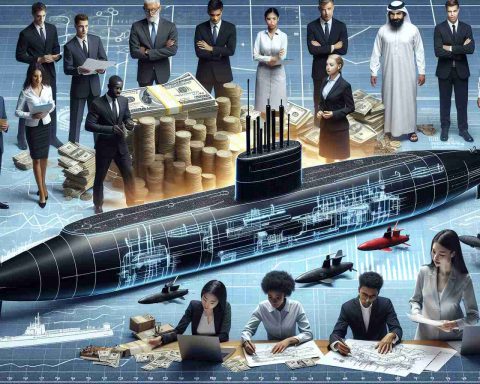 Image of a realistic high-definition representation of the concept 'Naval Defense Funding Boosted to Enhance Submarine Programs'. Include elements symbolic of increased funding such as stacks of currency or charts indicating growth, coupled with depictions of submarine designs and advancements. Also represent diverse male and female engineers from various races like Caucasian, Black, Hispanic, Middle-Eastern and South Asian, working together on submarine blueprints, indicating the funding's impact on enhancing submarine programs.