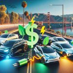 A realistic high-definition photo showcasing the latest incentives for eco-friendly vehicles in California. The image may feature an array of electric and hybrid vehicles of different brands with California landmarks visible in the background. Moreover, the photo could contain visual representations of the incentives, like vivid iconography illustrating tax rebates or price reductions. A symbolic element, perhaps a green leaf or an electric bolt, could be connected to the vehicles, embodying their eco-friendly nature. The overall ambience should convey excitement and positivity towards a greener future.