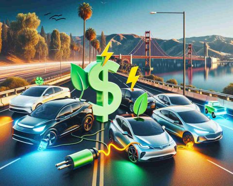 A realistic high-definition photo showcasing the latest incentives for eco-friendly vehicles in California. The image may feature an array of electric and hybrid vehicles of different brands with California landmarks visible in the background. Moreover, the photo could contain visual representations of the incentives, like vivid iconography illustrating tax rebates or price reductions. A symbolic element, perhaps a green leaf or an electric bolt, could be connected to the vehicles, embodying their eco-friendly nature. The overall ambience should convey excitement and positivity towards a greener future.