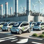 Realistic HD image of a fleet of electric vehicles from an unnamed beverage group, symbolizing a greener future. The picture displays the vehicles parked in a row, with the company's logo on them but without any specific name. The background is a clean energy plant with wind turbines and solar panels, embodying the company's commitment to sustainable practices.