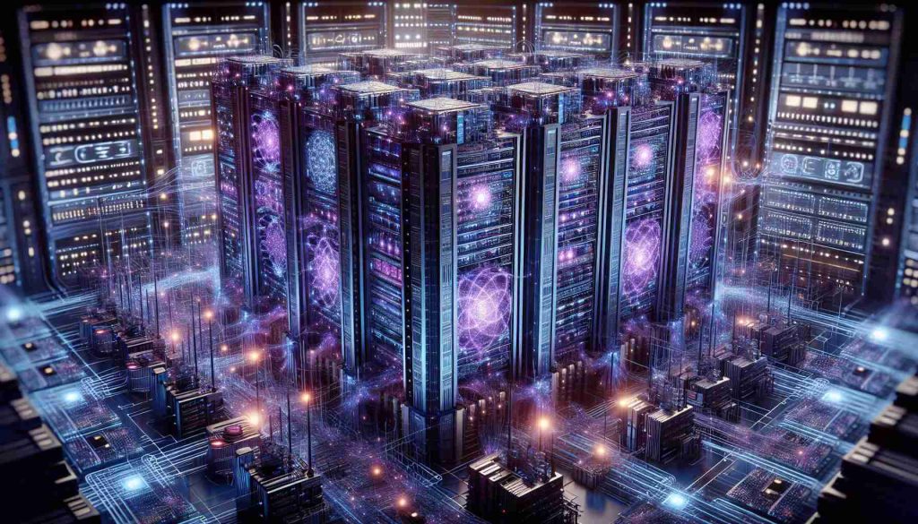 A highly detailed and realistic representation of a revolutionary quantum communication infrastructure. This should include digital representations of quantum computers with intricate details and various sparkling quantum bits (qubits). Consider incorporating subtle hues of purples and blues reminiscent of traditional quantum visualizations. Depict towering servers and advanced quantum routers acting as the core of this communication network, sending and receiving information using quantum principles. The whole scene should be immersed in a high-tech environment, filled with bright screens, wires, flashing lights, and futuristic holographs showcasing complex mathematical equations and algorithms used in quantum computing.