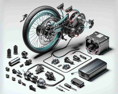 Generate a realistic and detailed high-definition image of a universal and water-resistant electric bicycle conversion kit, similar in concept to the Swytch Go, showcasing its key features like the front hub motor and power pack, as well as the installation materials such as the wheel with motor, handlebar-mounted power pack, and the necessary wiring. Illustrate the kit in a disassembled state for clarity, displaying each part individually, and make sure to convey the sense of robustness and durability of the components, indicative of its waterproof nature.