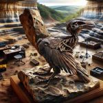 An intricately detailed, high-definition image showcasing a notable archaeological discovery in Brazil. The focus is on a fossilized specimen of a previously undiscovered avian species from prehistoric times. The fossil should be well-preserved, with clear indications of feather impressions and the creature's distinctive anatomy. The background environment infers a professional archaeological dig site, with tools and markers scattered around, and the surroundings rich in geological features. Additionally, the lighting conditions should accentuate the details in the fossil, bringing the prehistoric bird's features to the forefront.