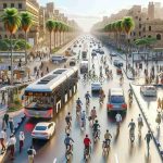 A high-definition, realistic image showcasing Egypt's investment in sustainable transportation. Picture the busy streets of Cairo teeming with a mix of people of various descents, both males, females, and non-binary individuals hurrying off to their destinations. The core of the image, however, is an array of environmentally friendly transit options: a sleek solar-powered bus making its route, electric cars weaving through traffic, well-utilized bike lanes filled with cyclists of diverse ages and genders, and pedestrians confidently crossing at walkways equipped with energy-efficient signage. To balance the urban scene, include serene large palm trees, historic sandstone buildings, and the clear Egyptian sky in the background.