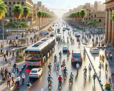 A high-definition, realistic image showcasing Egypt's investment in sustainable transportation. Picture the busy streets of Cairo teeming with a mix of people of various descents, both males, females, and non-binary individuals hurrying off to their destinations. The core of the image, however, is an array of environmentally friendly transit options: a sleek solar-powered bus making its route, electric cars weaving through traffic, well-utilized bike lanes filled with cyclists of diverse ages and genders, and pedestrians confidently crossing at walkways equipped with energy-efficient signage. To balance the urban scene, include serene large palm trees, historic sandstone buildings, and the clear Egyptian sky in the background.