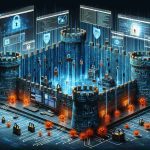 An image depicting a realistic scenario focused on how to safeguard your online presence against cyber threats. The image features a high-definition and vividly detailed visualization of a digital fortress with high walls made of binary code. Delicate locks composed of intricate algorithms dot the fortress. Inside the fortress, multiple computer screens display different types of secure processes such as encrypted emails, two-factor authentications, and secure browsing history. The outer portion of the image shows various cyber threats such as viruses and phishing attempts trying to breach the fortress, but being repelled by the security measures.