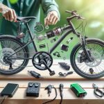 Generate an image displaying a realistic, high-definition photo of a bicycle transformation process. The image should show an ordinary bicycle being converted into an eco-friendly electric bike. The image should depict various parts like a conversion kit, including an electric motor, battery, electronic controller, and throttle, being added to the bicycle, indicating the transition from a regular bike to an electric one. The overall scene should reflect an environmentally conscious setting with greenery in the background.