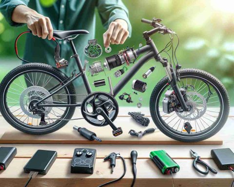 Generate an image displaying a realistic, high-definition photo of a bicycle transformation process. The image should show an ordinary bicycle being converted into an eco-friendly electric bike. The image should depict various parts like a conversion kit, including an electric motor, battery, electronic controller, and throttle, being added to the bicycle, indicating the transition from a regular bike to an electric one. The overall scene should reflect an environmentally conscious setting with greenery in the background.