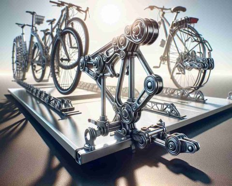 An intricately detailed, high-definition image of an innovative hitch system that is revolutionizing bicycle transportation. It's versatile, designed to hitch various types of bicycles efficiently. The system is built out of sturdy metal, providing stability and strength. There are various attachment points for flexibility, and the design allows for easy and quick detachment. The background shows a bright sunlit day, adding a sense of optimism to the innovative concept. Please note, the image should be as realistic as possible.