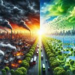 A high resolution, realistic image representing the concept of transitioning towards a sustainable future. It illustrates a half-image of a polluted, industrialized city with dark, smoky skies, and the other half showcasing a vibrant, green city with renewable energy sources like wind turbines, solar panels, and electric buses. The transition should be marked by a tree line acting as a divider and the transformation from dark to bright should be evident. In the sky, a vibrant sunrise symbolizes hope and a new beginning.