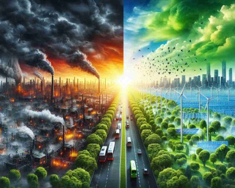 A high resolution, realistic image representing the concept of transitioning towards a sustainable future. It illustrates a half-image of a polluted, industrialized city with dark, smoky skies, and the other half showcasing a vibrant, green city with renewable energy sources like wind turbines, solar panels, and electric buses. The transition should be marked by a tree line acting as a divider and the transformation from dark to bright should be evident. In the sky, a vibrant sunrise symbolizes hope and a new beginning.