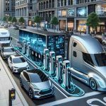 A highly detailed and realistic image showcasing the future of electric vehicle charging in the United States. It includes an ultra-modern charging station located on the side of a busy, technology-filled city street. Electric vehicles of various makes and models, including a futuristic semi-truck, compact cars, and SUVs are arranged in line to use the charging station. The station itself features sleek, streamlined designs and interactive charging ports. Meanwhile, the pedestrians nearby are interacting with high tech devices, providing a glimpse of future technologies as part of their everyday life.