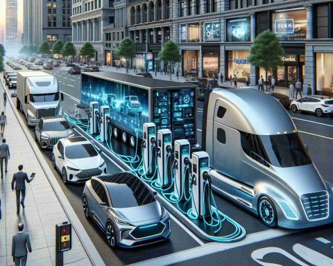 A highly detailed and realistic image showcasing the future of electric vehicle charging in the United States. It includes an ultra-modern charging station located on the side of a busy, technology-filled city street. Electric vehicles of various makes and models, including a futuristic semi-truck, compact cars, and SUVs are arranged in line to use the charging station. The station itself features sleek, streamlined designs and interactive charging ports. Meanwhile, the pedestrians nearby are interacting with high tech devices, providing a glimpse of future technologies as part of their everyday life.