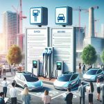 High definition, realistic image depicting the new regulations set for electric vehicle charging stations in the city of Mesa. Include prominent placement of the new guidelines within the image. A modern cityscape view in the background with electric vehicle charging stations at the forefront, and a diverse crowd of city inhabitants reading and interacting with the new rules.